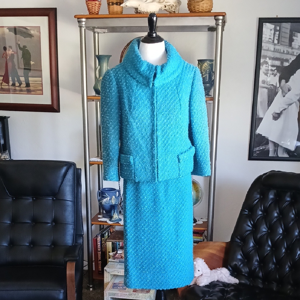 Lilli Ann Vinage 60s Wool Tweed Teal Blue Women's Skirt Set Size S